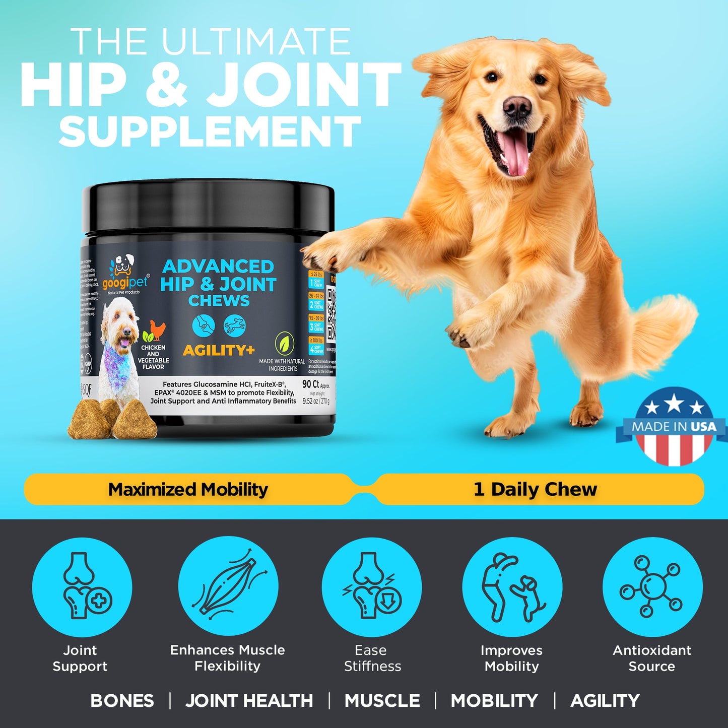 Agility+ Advanced Hip and Joint Chews for Dogs – Glucosamine and Green Lipped Mussel