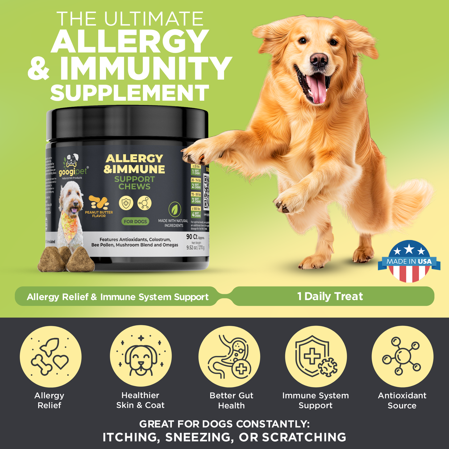 Allergy & Immune Support Chews for Dogs: Itch Relief with Colostrum and Probiotics | 90 Count