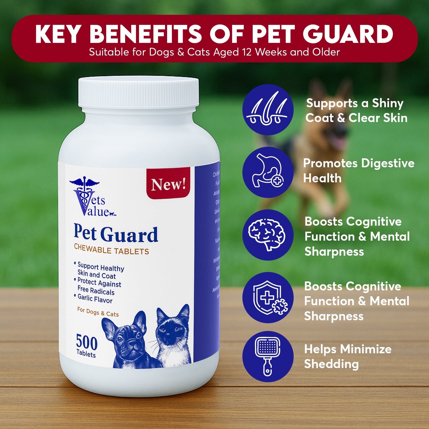 Pet Guard Natural Flea and Tick Support for Dogs and Cats | Garlic Flavor | 500 Count