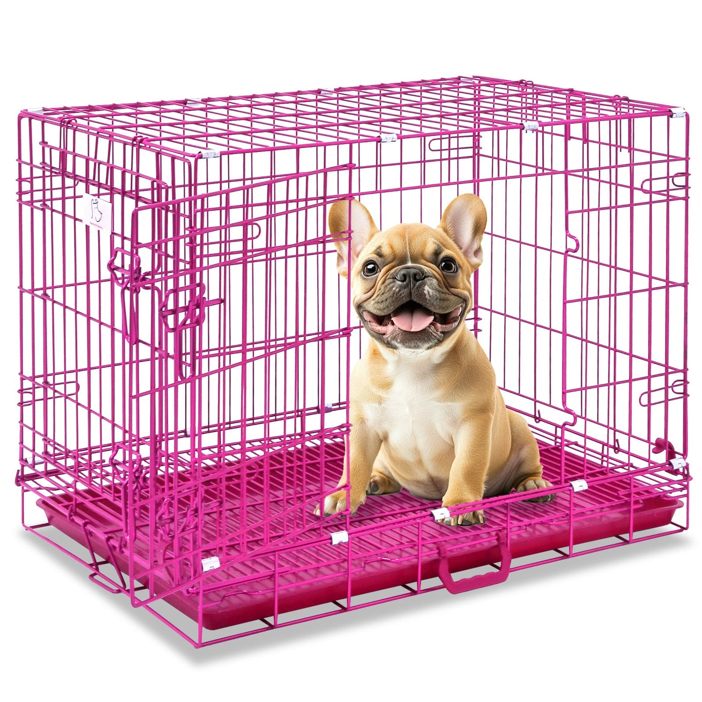 24-42" Collapsible Pink Dog Crate | Double Door Wire Kennel with Leak-Proof Tray