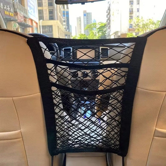 Car Storage Net Bag and Pet Divider for Dogs | Flexible Between Seat Organizer