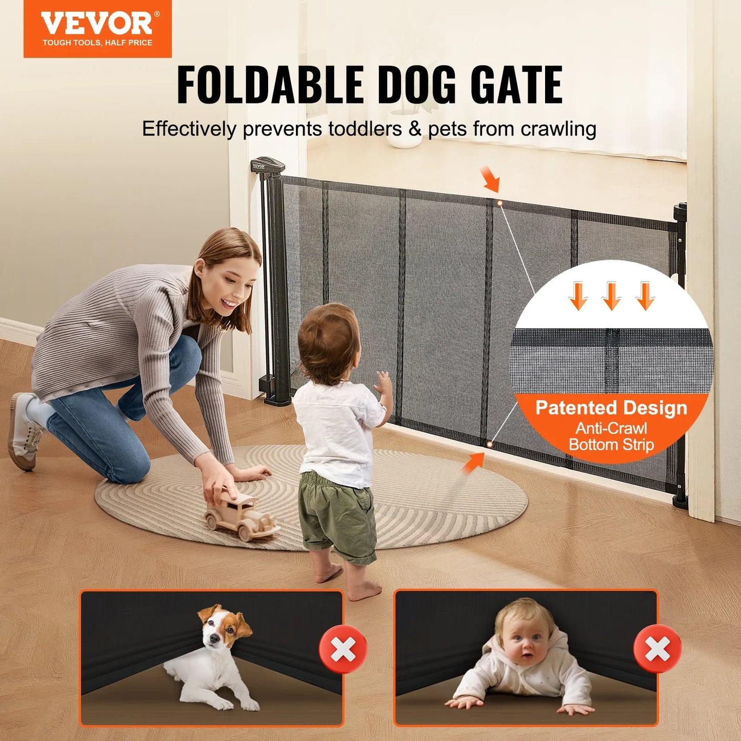 Retractable Dog Gate | Extra Wide Mesh Pet Barrier up to 116"