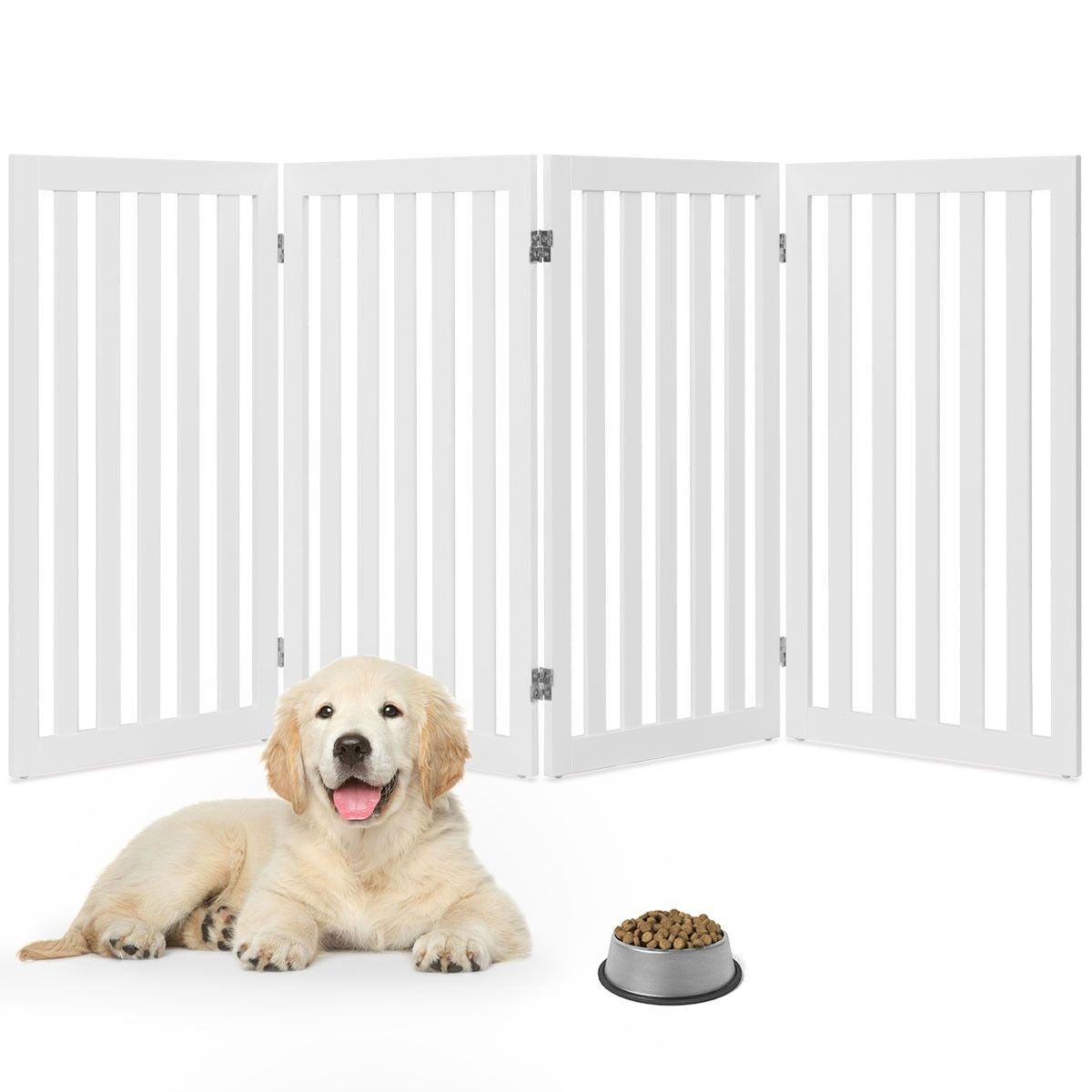 Tall 4-Panel Pet Gate | 35" High Wooden Dog Barrier (White)