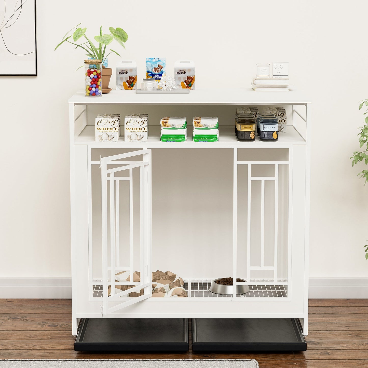 White Wooden Dog Crate Furniture | 43" End Table Kennel with Drawers