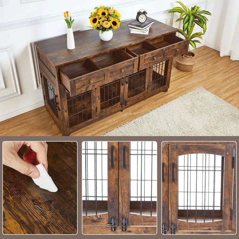 Dog Crate Furniture with Openable Partition | Double Door Wooden End Table Kennel with Drawers & Divider
