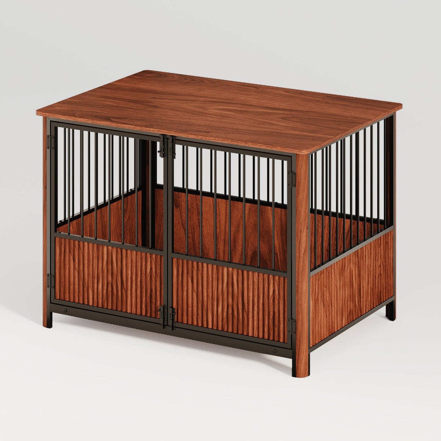 43" Walnut Fluted Wood Dog Crate Furniture | Double Door Pet Kennel