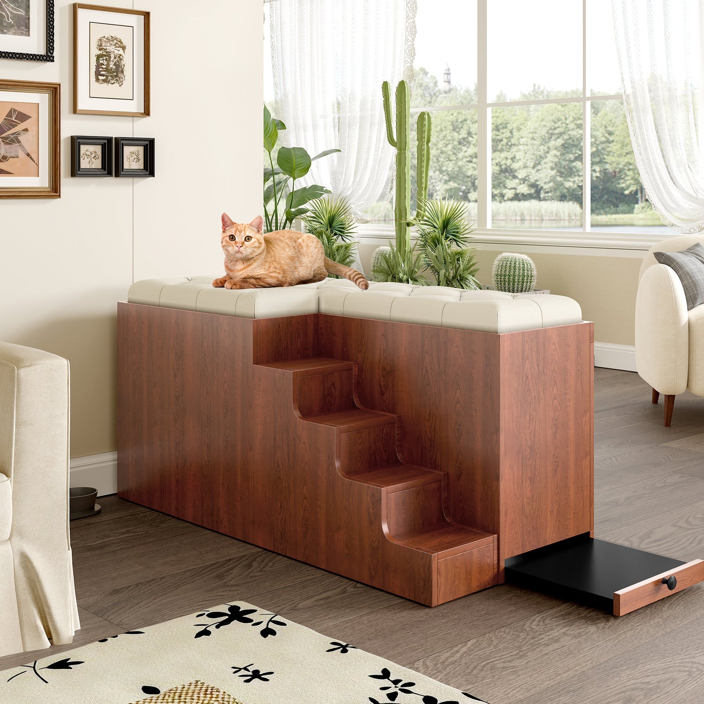 56" Furniture Style Dog Crate with Bench | Sliding Barn Door Kennel (Walnut)