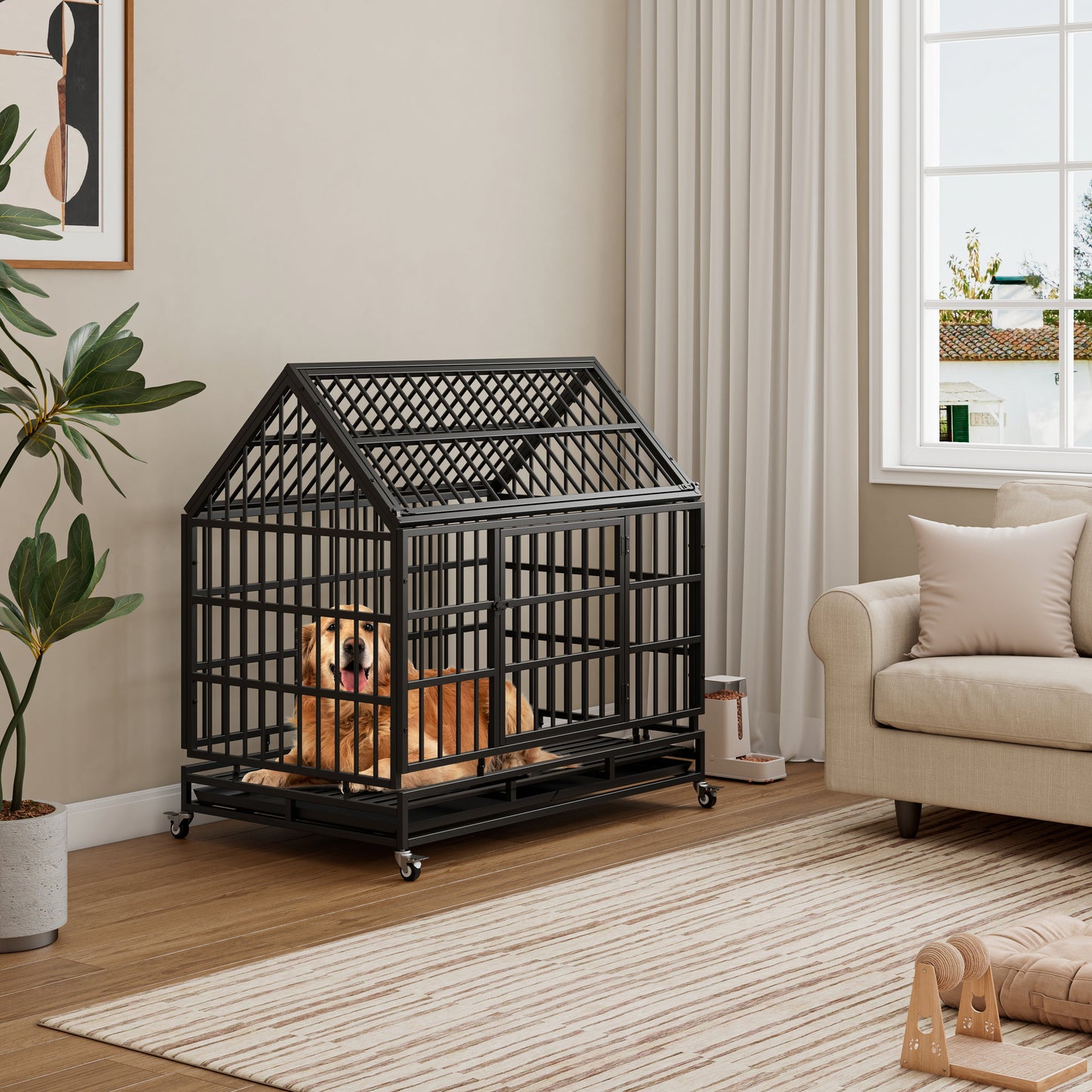 Heavy Duty Dog Crate with Wheels, 48 in Folding Metal, Black