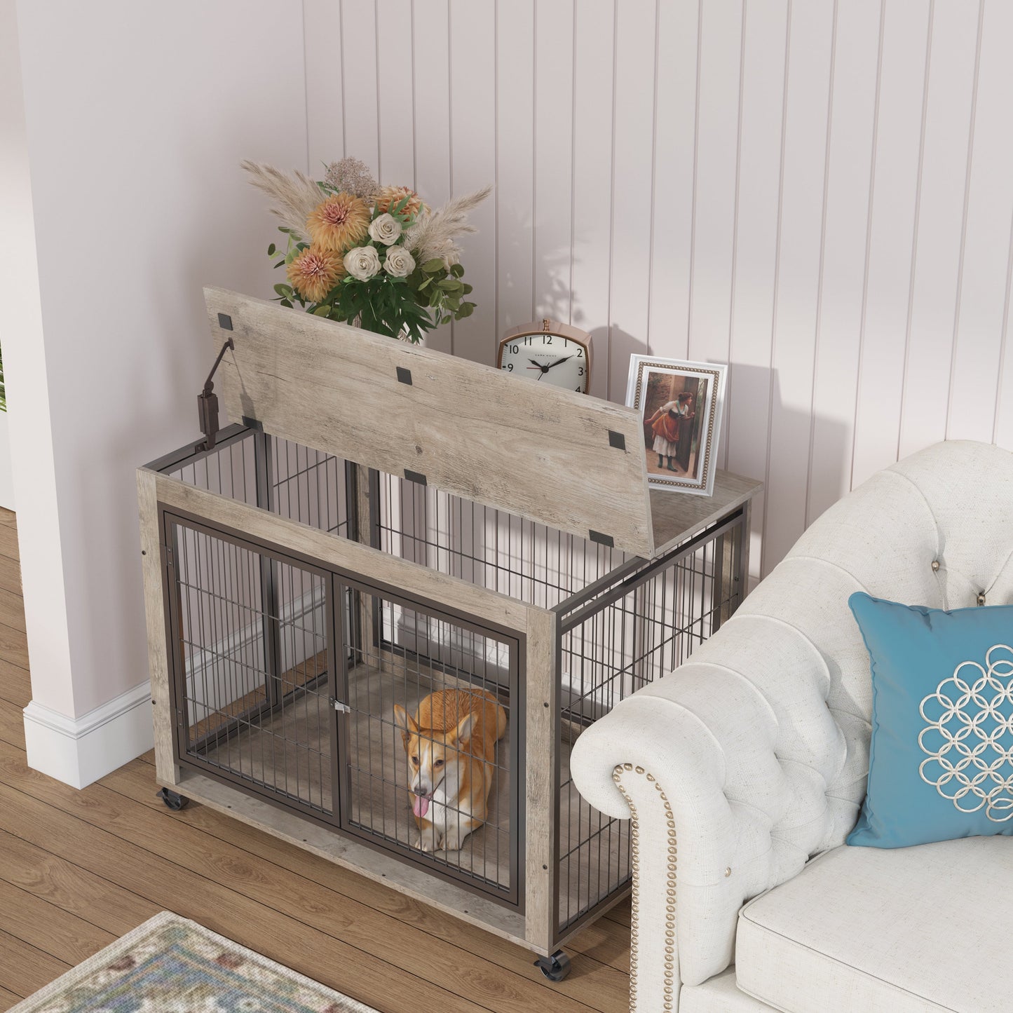 38" Grey Furniture Style Dog Crate on Wheels | Double Door Kennel Table