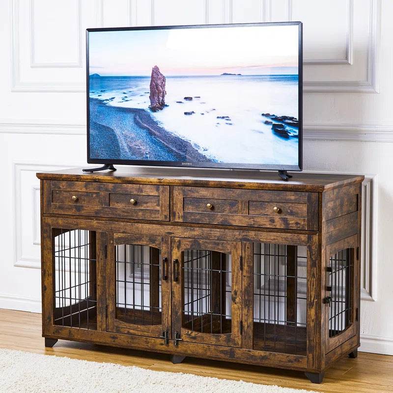 Dog Crate Furniture with Openable Partition | Double Door Wooden End Table Kennel with Drawers & Divider
