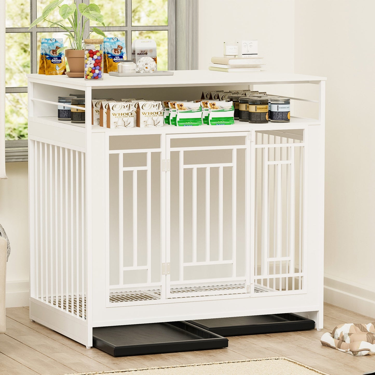 White Wooden Dog Crate Furniture | 43" End Table Kennel with Drawers