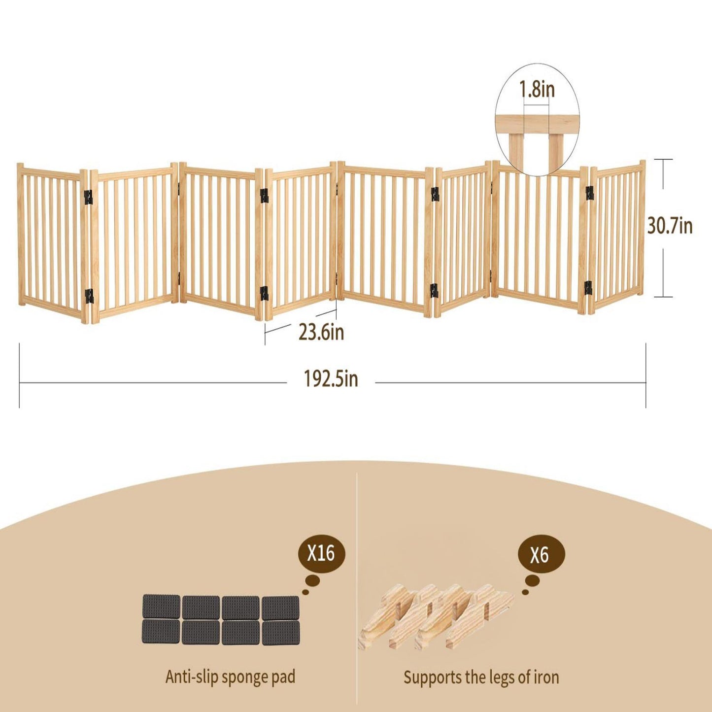 Freestanding Wooden Dog Gate | 8-Panel Foldable Indoor Pet Fence (No Assembly)