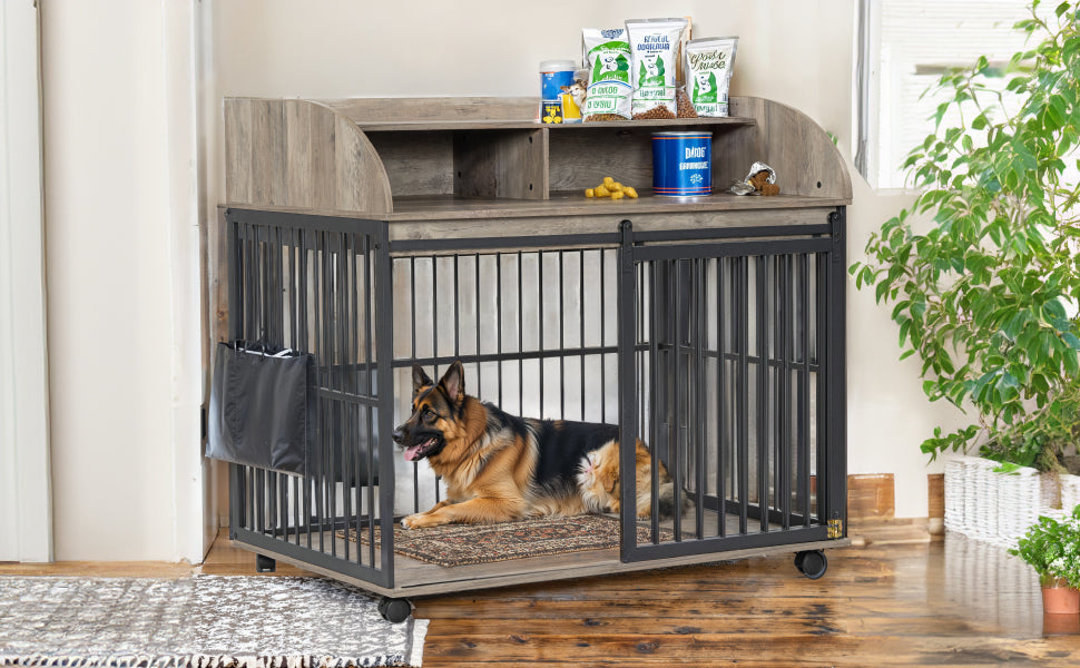 44" Heavy Duty Dog Crate Furniture with Wheels | Double Storage Pet Kennel (Gray)