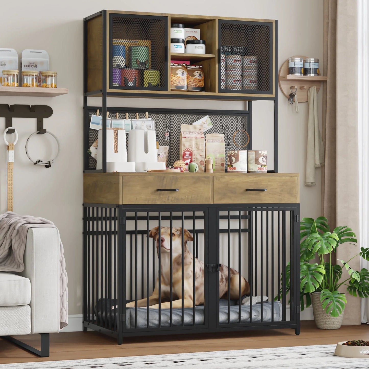 Rustic Dog Crate Furniture with Hutch | 42" Wide Indoor Pet Cage
