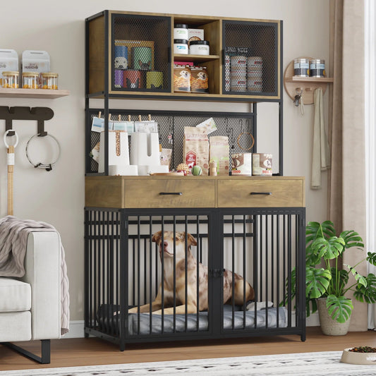 Rustic Dog Crate Furniture with Hutch | 42" Wide Indoor Pet Cage