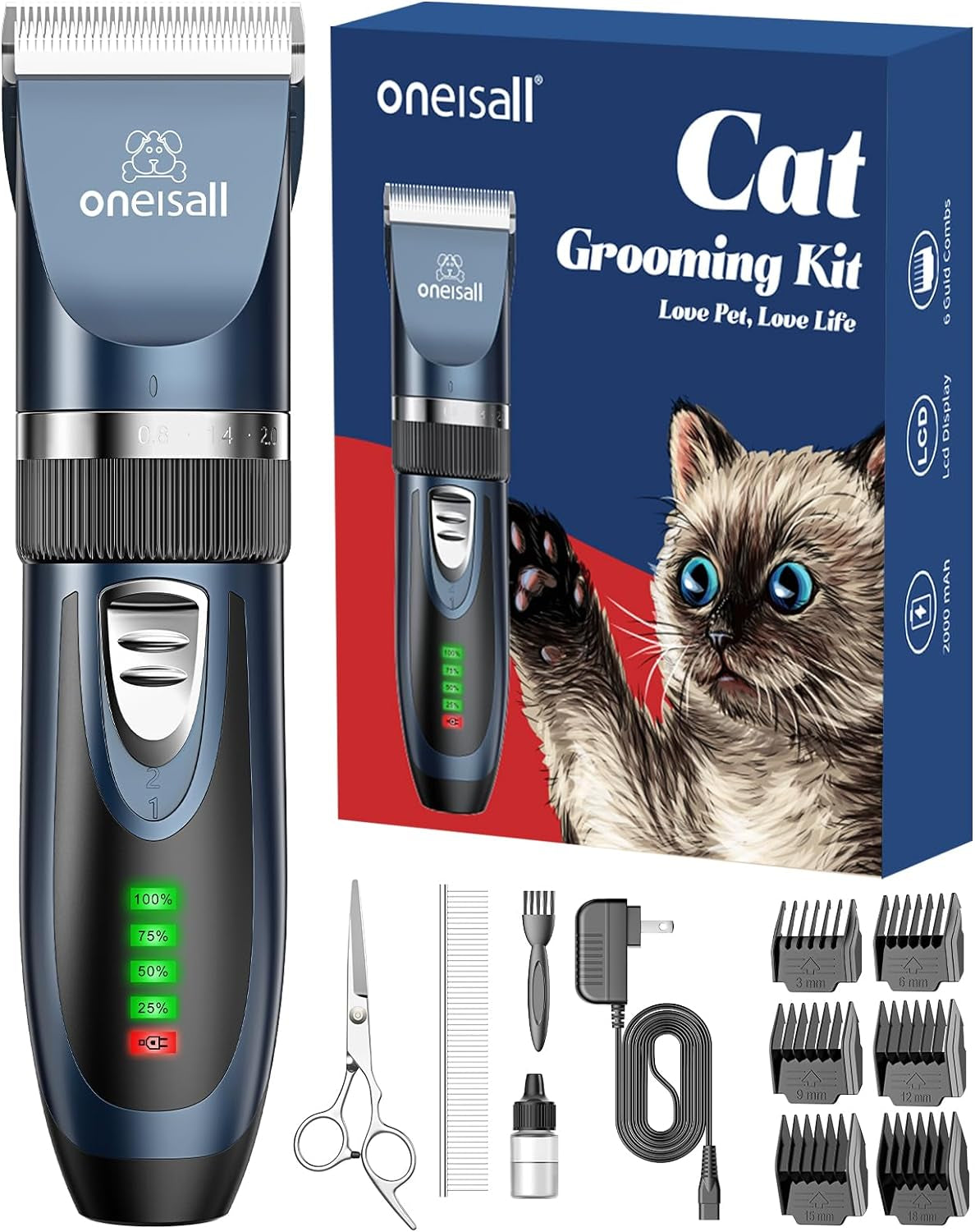 Cat Grooming Clippers with Guards, Oneisall Cordless Kit | Quiet Trims