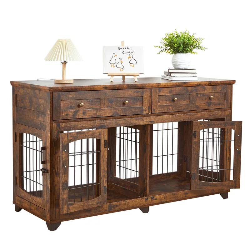 Dog Crate Furniture with Openable Partition | Double Door Wooden End Table Kennel with Drawers & Divider
