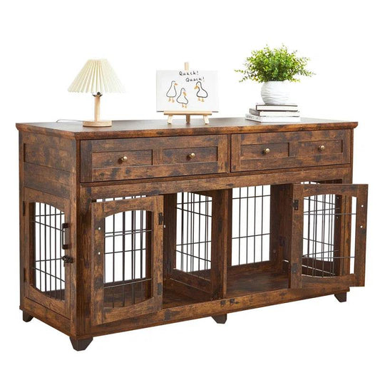 Dog Crate Furniture with Openable Partition | Double Door Wooden End Table Kennel with Drawers & Divider