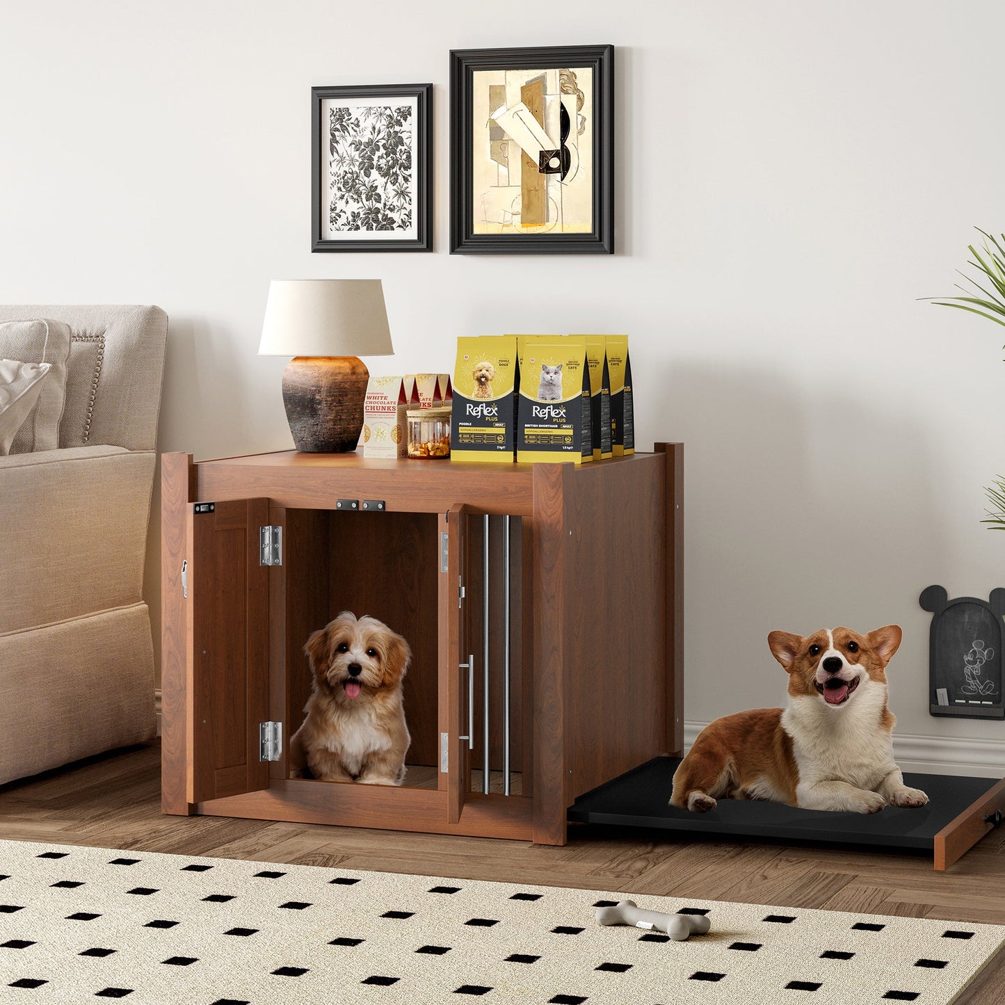 2-in-1 Dog Crate Ottoman with Bench | 30" Wooden Kennel (Walnut)