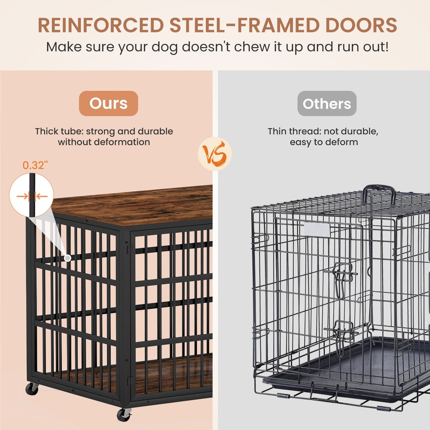 43" Furniture Style Dog Crate | Rustic Brown Dog Crate End Table on Wheels