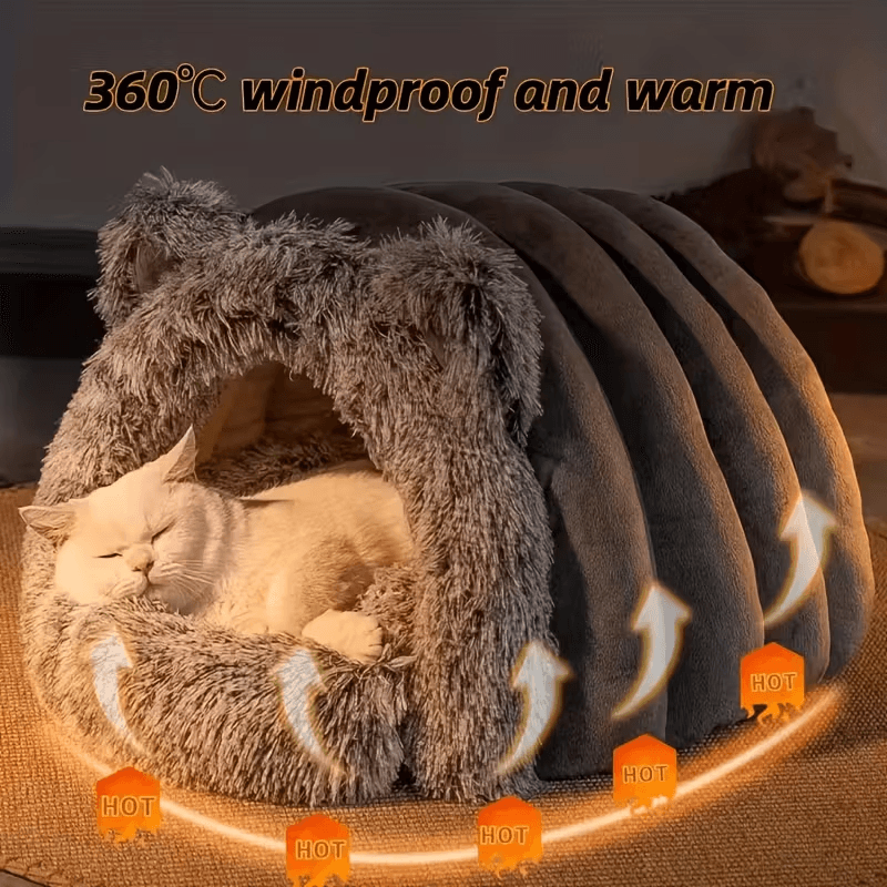 Winter Warm Cat Cave, Windproof Plush Pet Igloo | Thermal Insulation