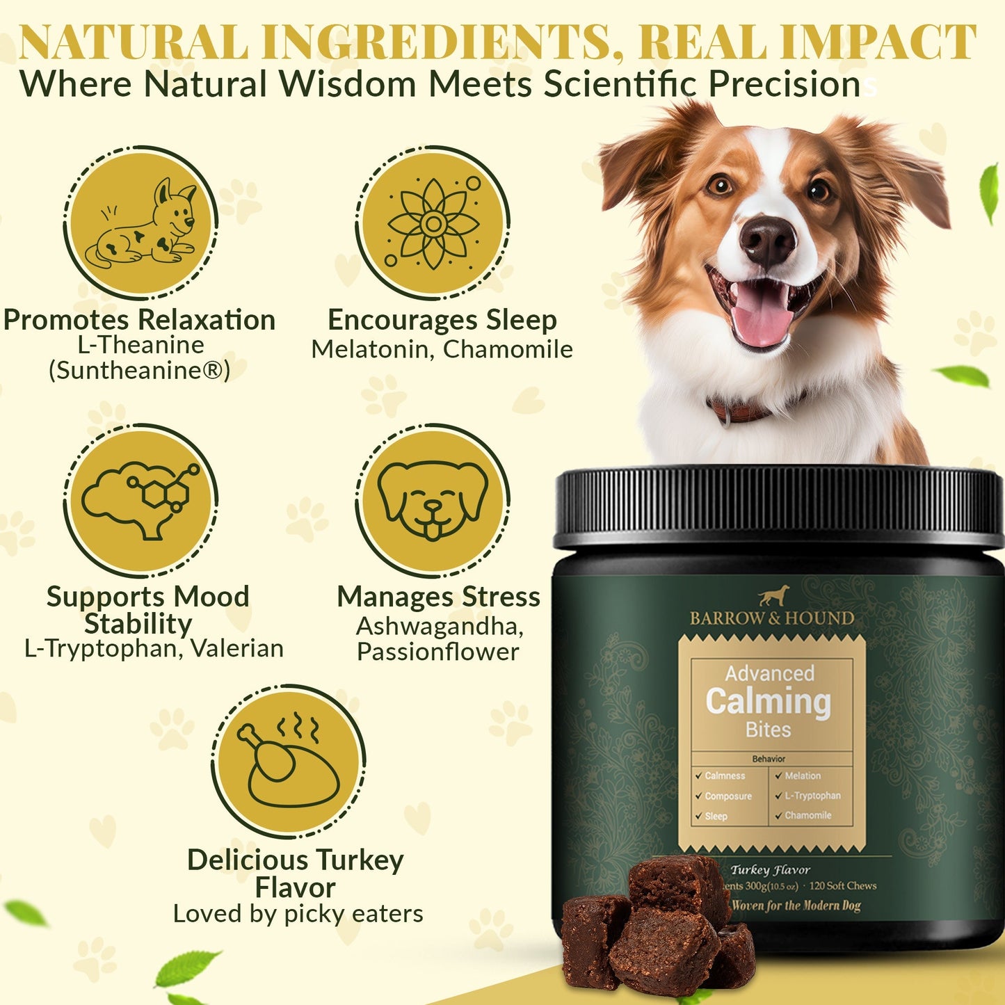Barrow & Hound Calming Bites: Stress and Anxiety Relief for Dogs | Turkey Flavor Soft Chews