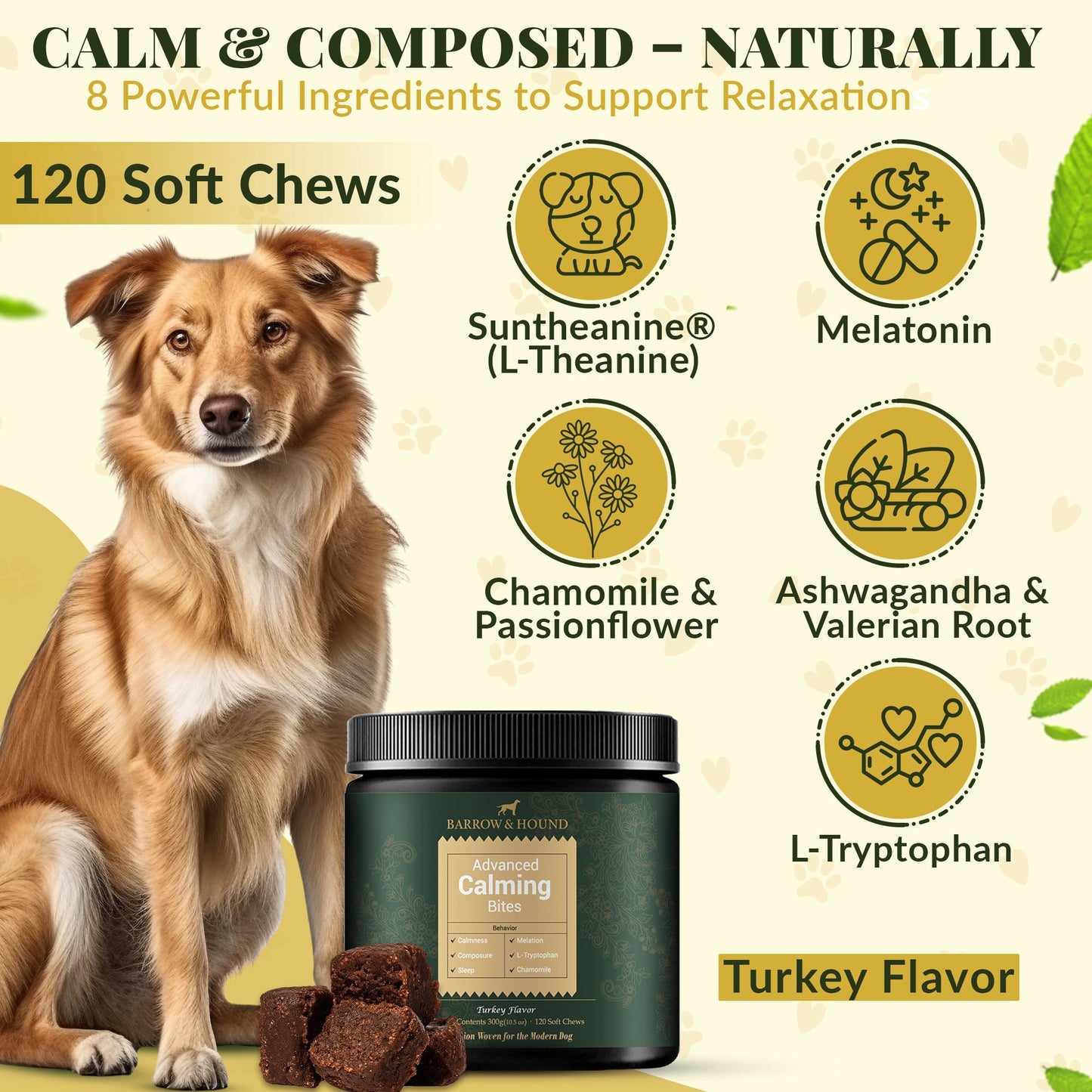 Barrow & Hound Calming Bites: Stress and Anxiety Relief for Dogs | Turkey Flavor Soft Chews