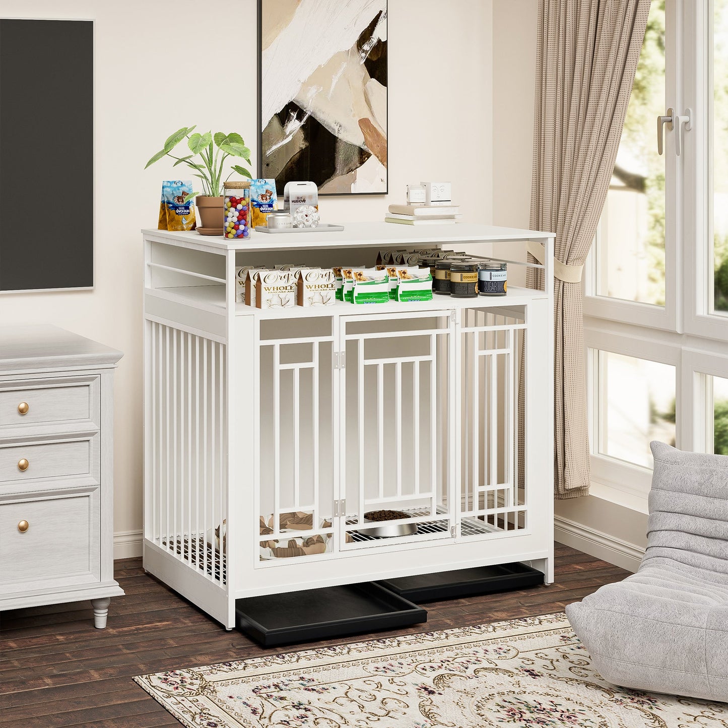 White Wooden Dog Crate Furniture | 43" End Table Kennel with Drawers