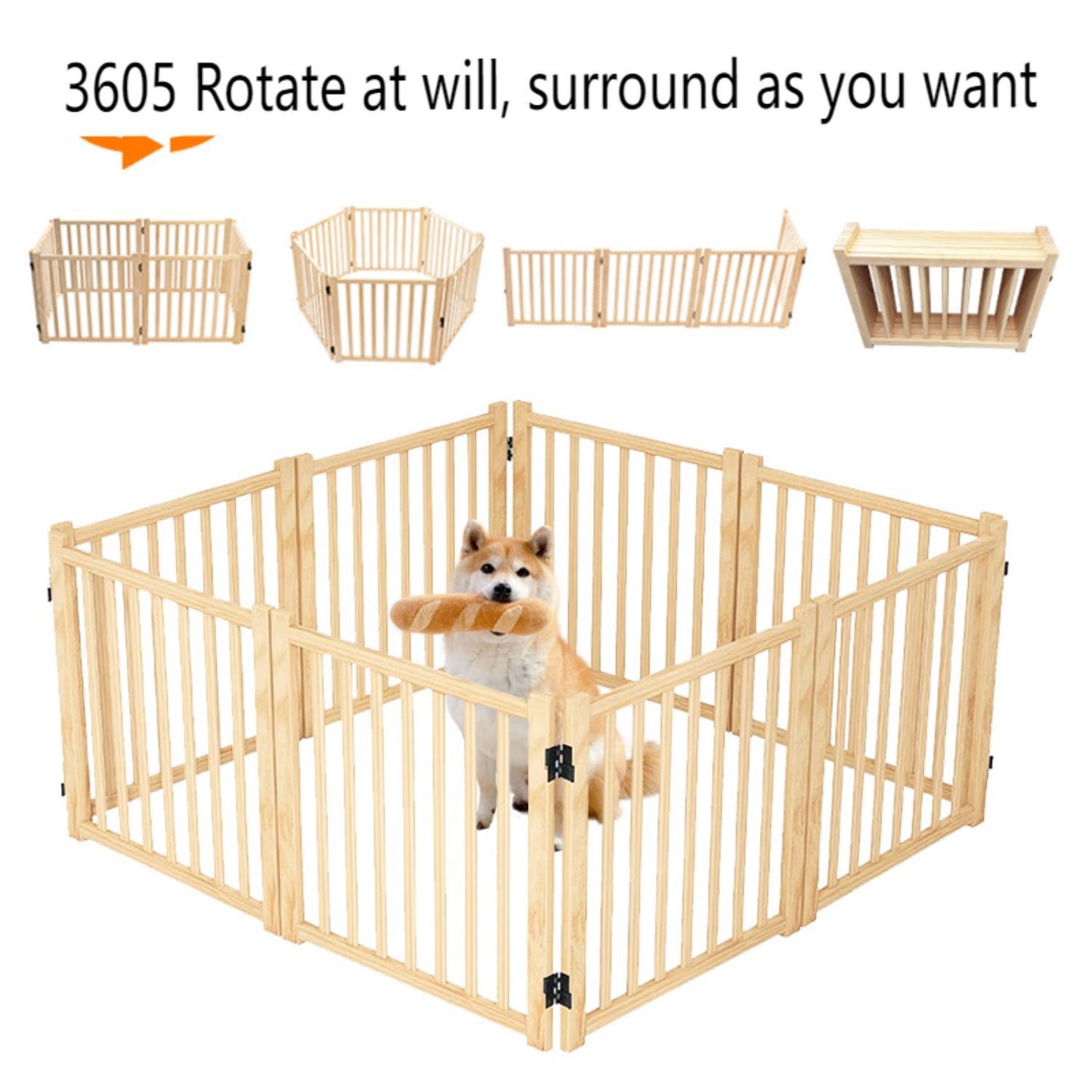 Freestanding Wooden Dog Gate | 8-Panel Foldable Indoor Pet Fence (No Assembly)