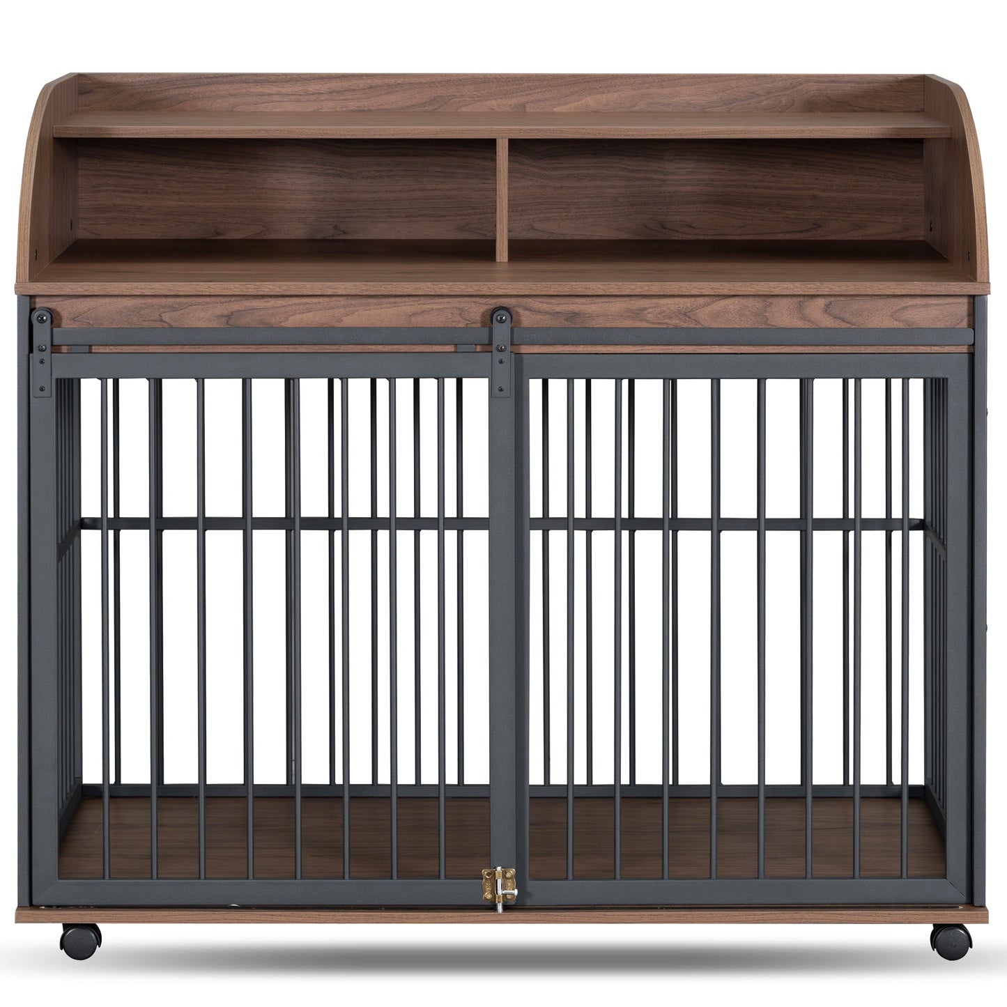 Large Dog Crate End Table | Sliding Barn Door Pet Kennel with Double Shelf Storage