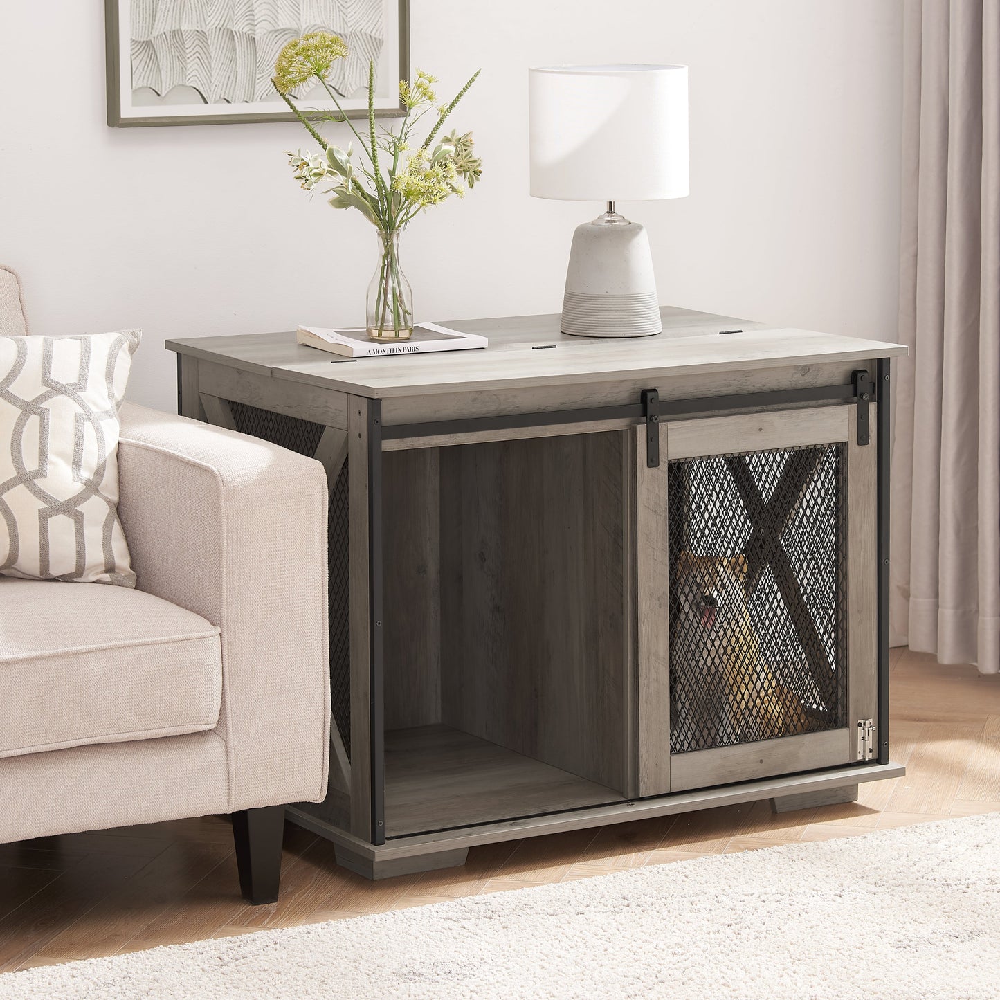 Farmhouse Dog Cage Crate Furniture | Sliding Barn Door Kennel