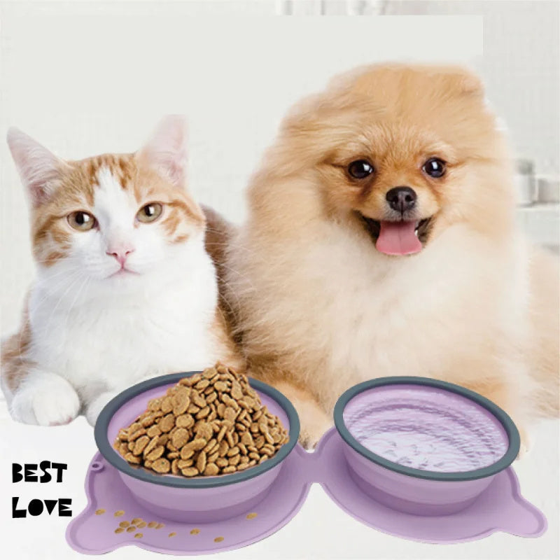 Foldable Silicone Double Dog Bowl | Travel Pet Feeder Set