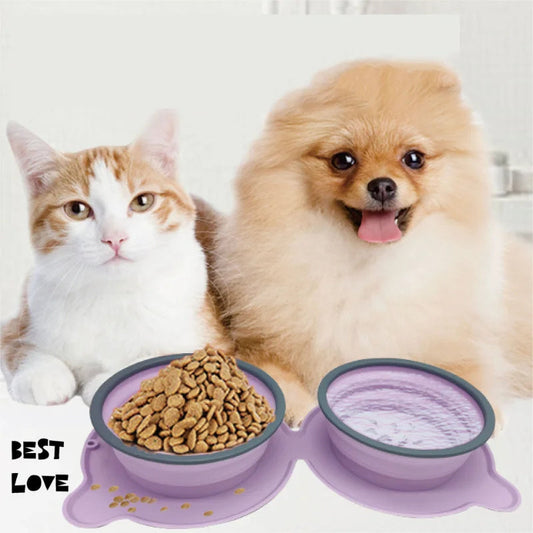 Foldable Silicone Double Dog Bowl | Travel Pet Feeder Set