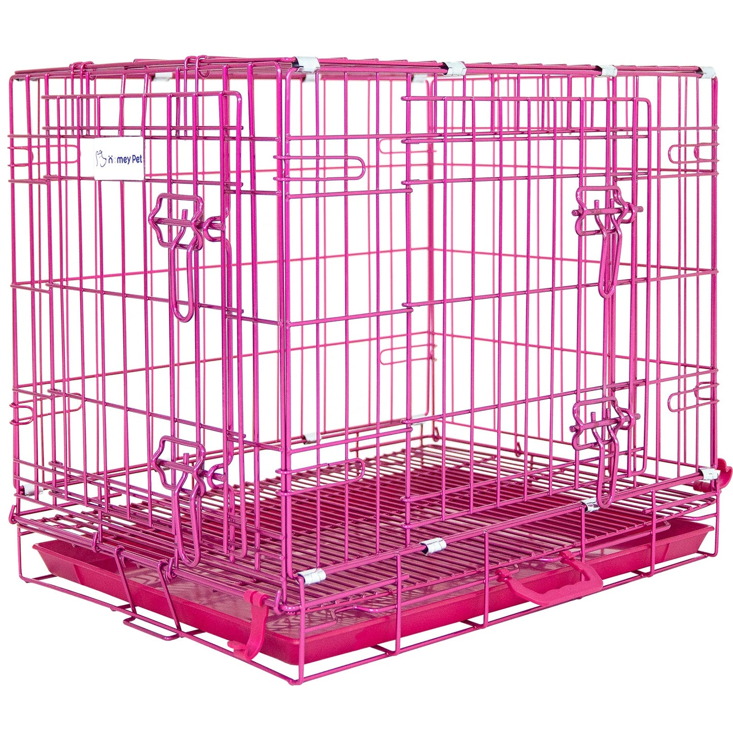 24-42" Collapsible Pink Dog Crate | Double Door Wire Kennel with Leak-Proof Tray