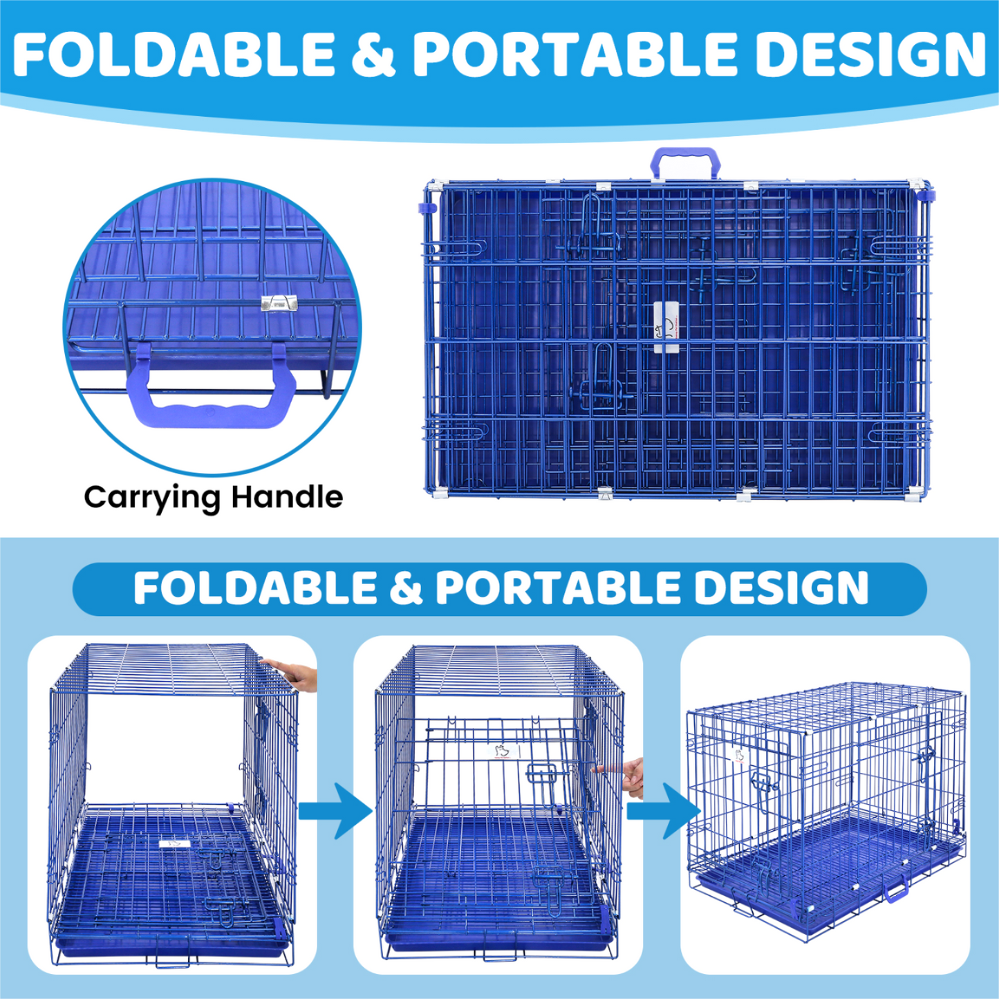 30" Collapsible Blue Dog Crate | Double Door Wire Kennel