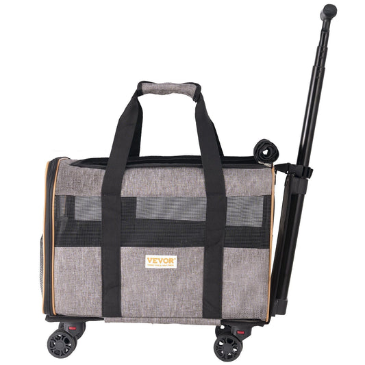 Cat Carrier with Wheels, Airline Approved Grey Rolling Pet Carrier with Telescopic Handle