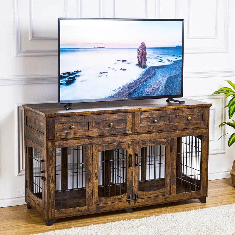 Dog Crate Furniture with Openable Partition | Double Door Wooden End Table Kennel with Drawers & Divider
