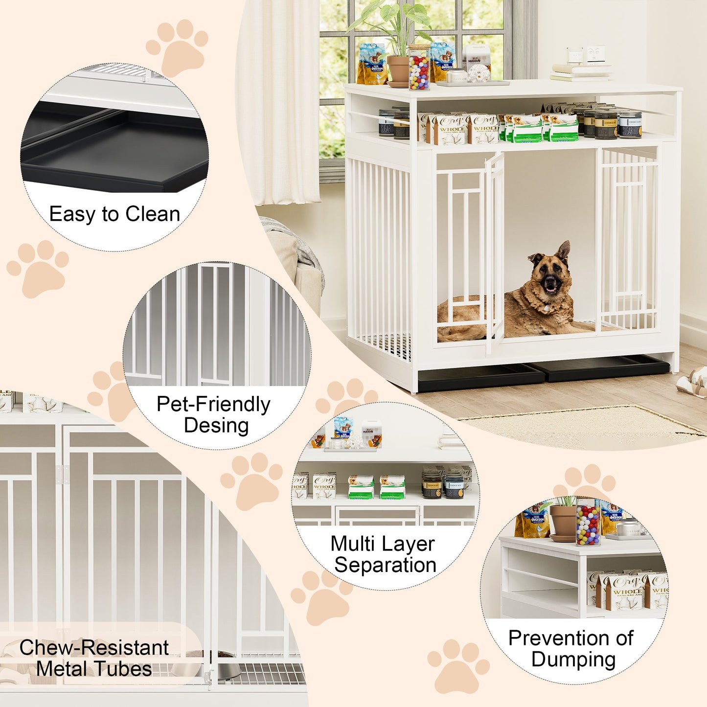 White Wooden Dog Crate Furniture | 43" End Table Kennel with Drawers