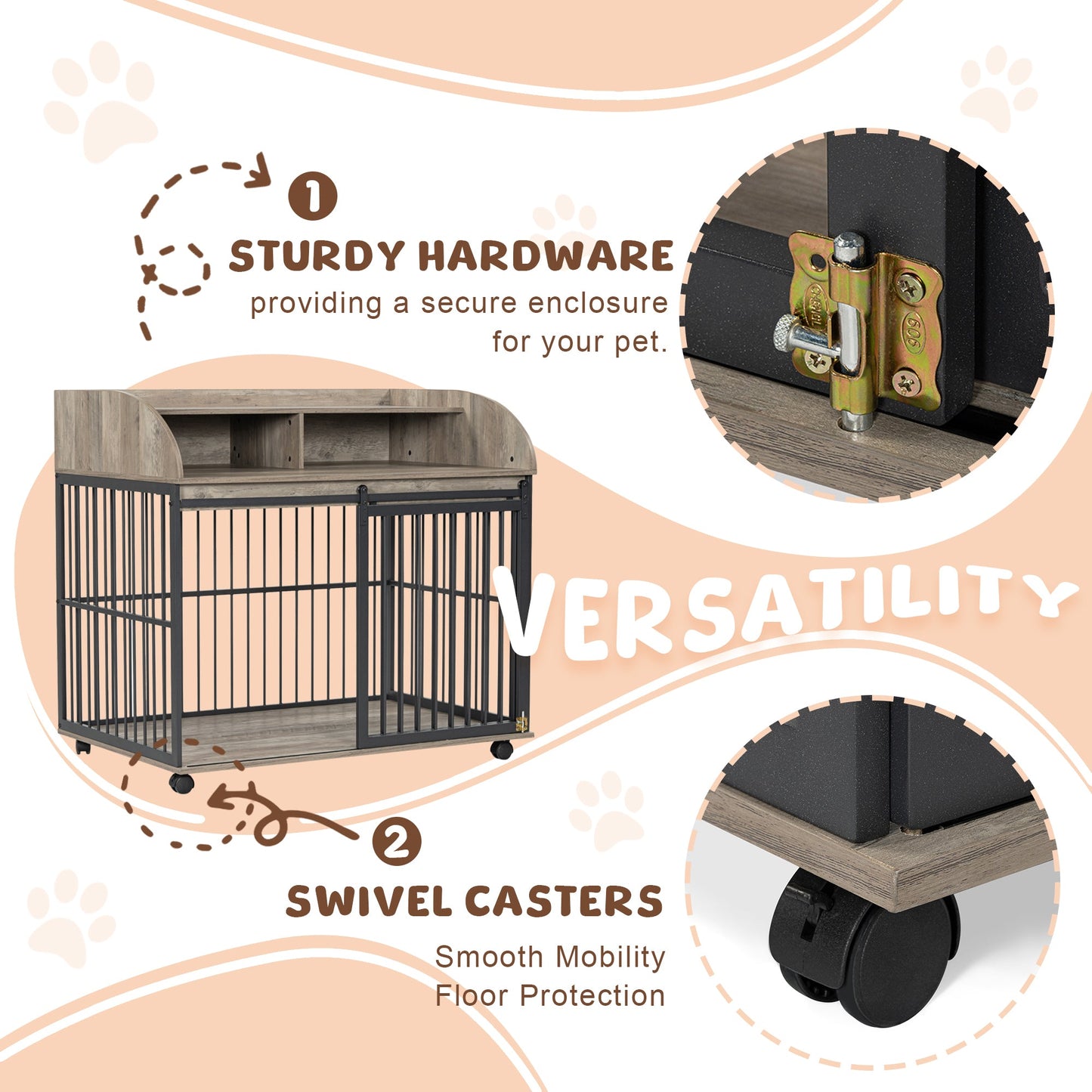 44" Heavy Duty Dog Crate Furniture with Wheels | Double Storage Pet Kennel (Gray)