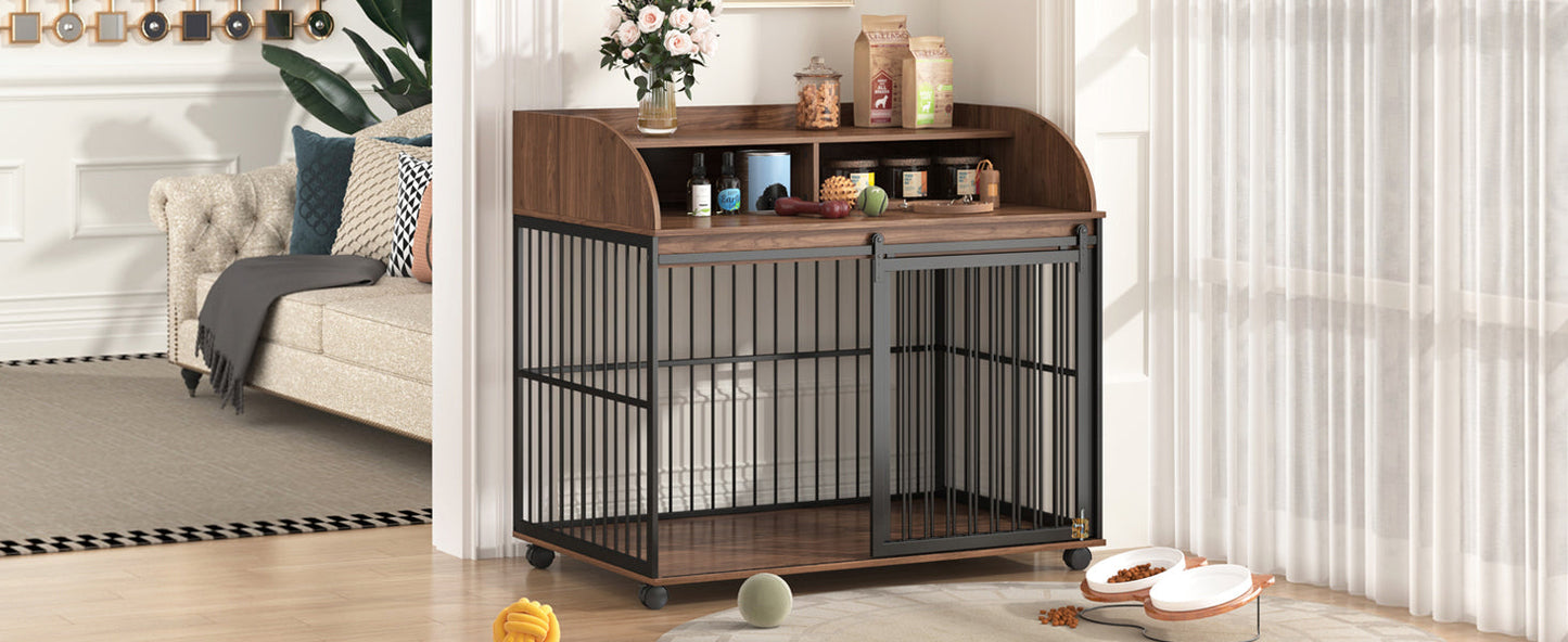 Large Dog Crate End Table | Sliding Barn Door Pet Kennel with Double Shelf Storage