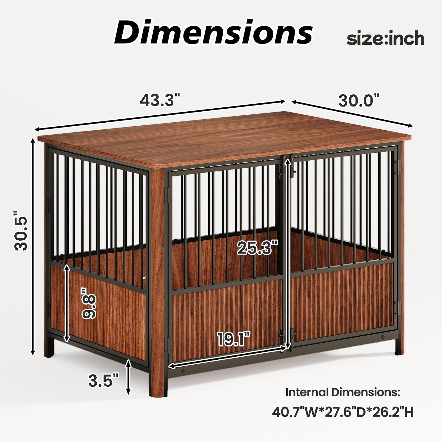 43" Walnut Fluted Wood Dog Crate Furniture | Double Door Pet Kennel