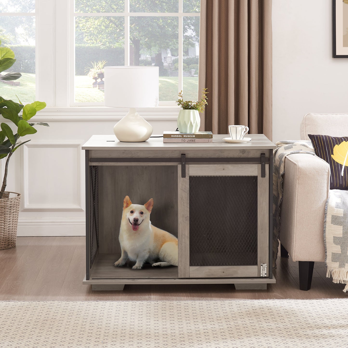 Farmhouse Dog Cage Crate Furniture | Sliding Barn Door Kennel