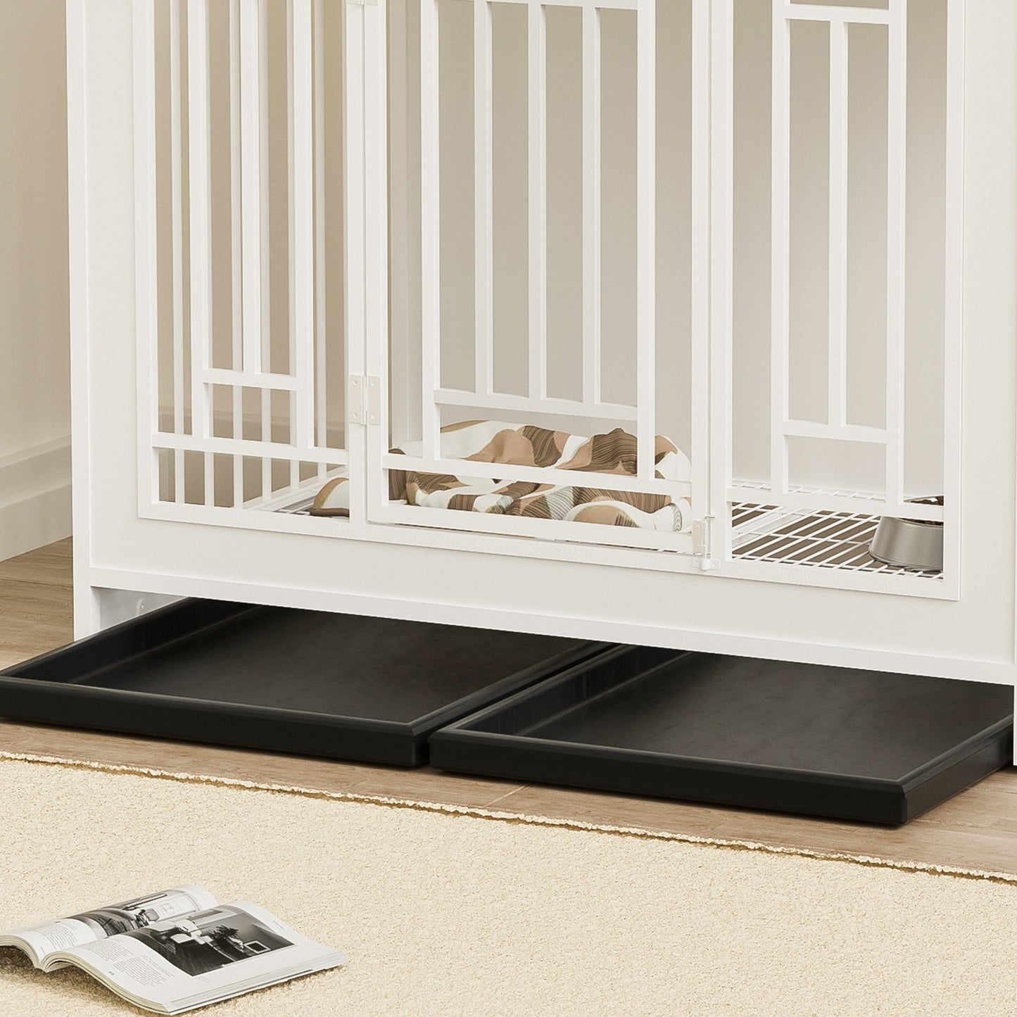 White Wooden Dog Crate Furniture | 43" End Table Kennel with Drawers