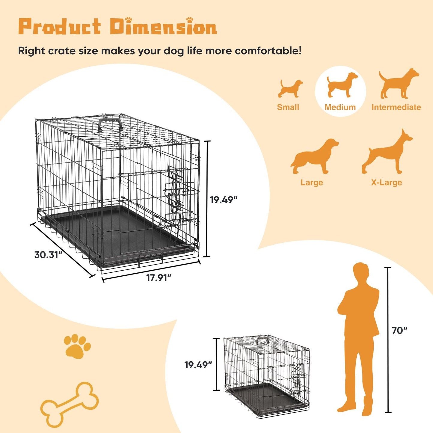 30 Inch Folding Dog Crate | Double Door Dog Cage with Divider