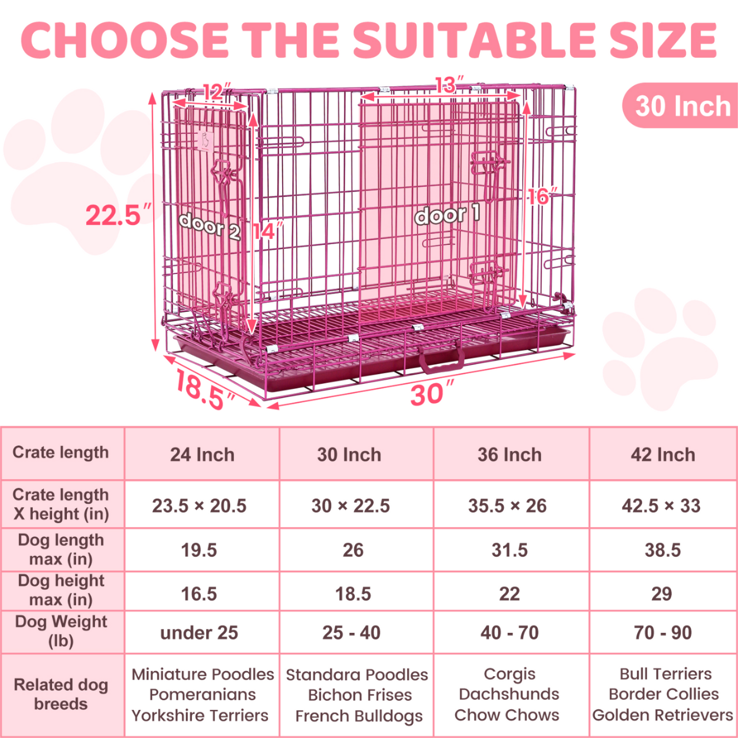 24-42" Collapsible Pink Dog Crate | Double Door Wire Kennel with Leak-Proof Tray