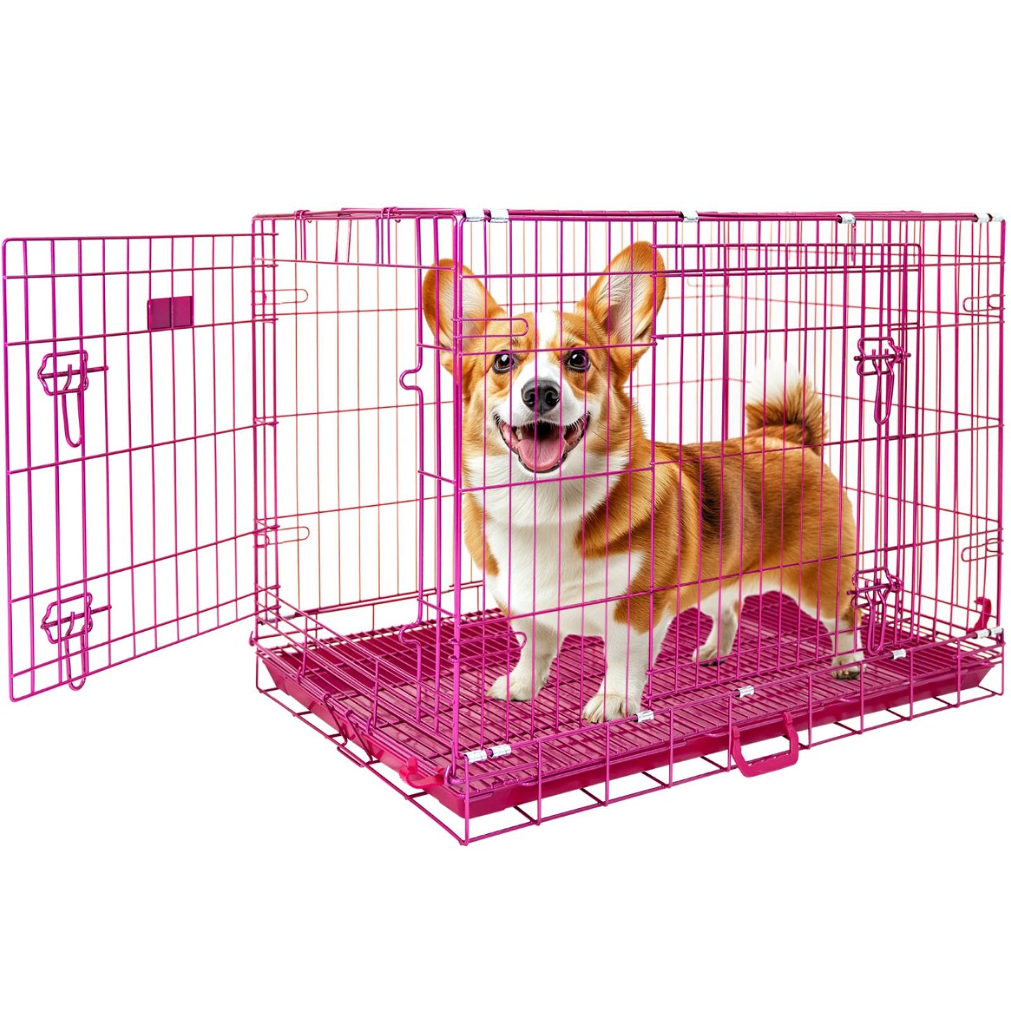 24-42" Collapsible Pink Dog Crate | Double Door Wire Kennel with Leak-Proof Tray