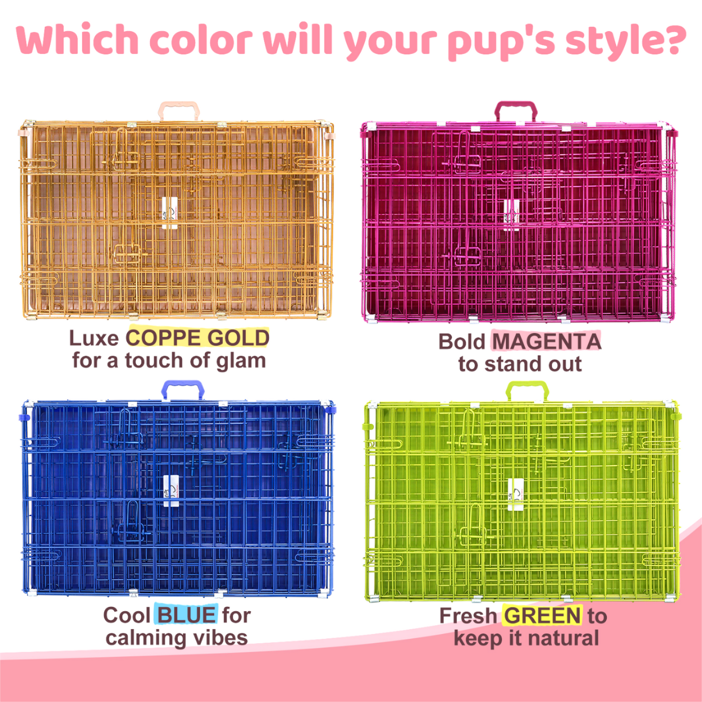 24-42" Collapsible Pink Dog Crate | Double Door Wire Kennel with Leak-Proof Tray
