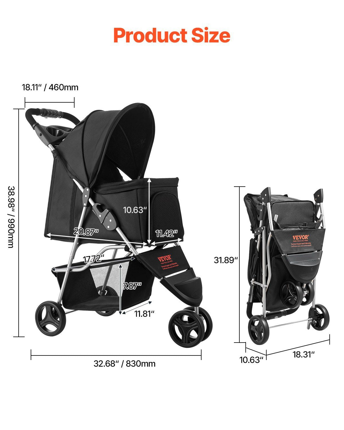 3-Wheel Pet Stroller : Foldable Dog & Cat Stroller for Pets up to 35lbs