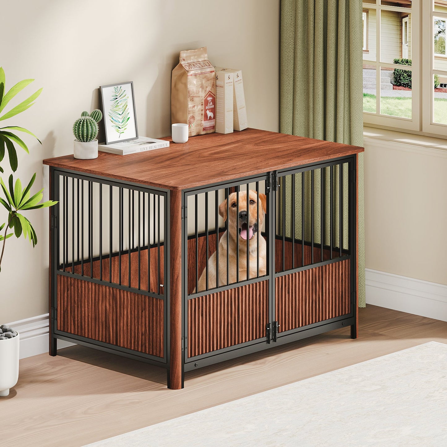 43" Walnut Fluted Wood Dog Crate Furniture | Double Door Pet Kennel