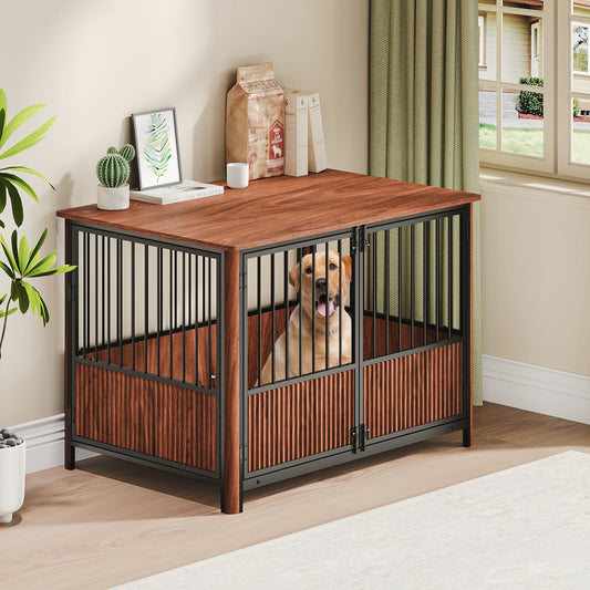 43" Walnut Fluted Wood Dog Crate Furniture | Double Door Pet Kennel